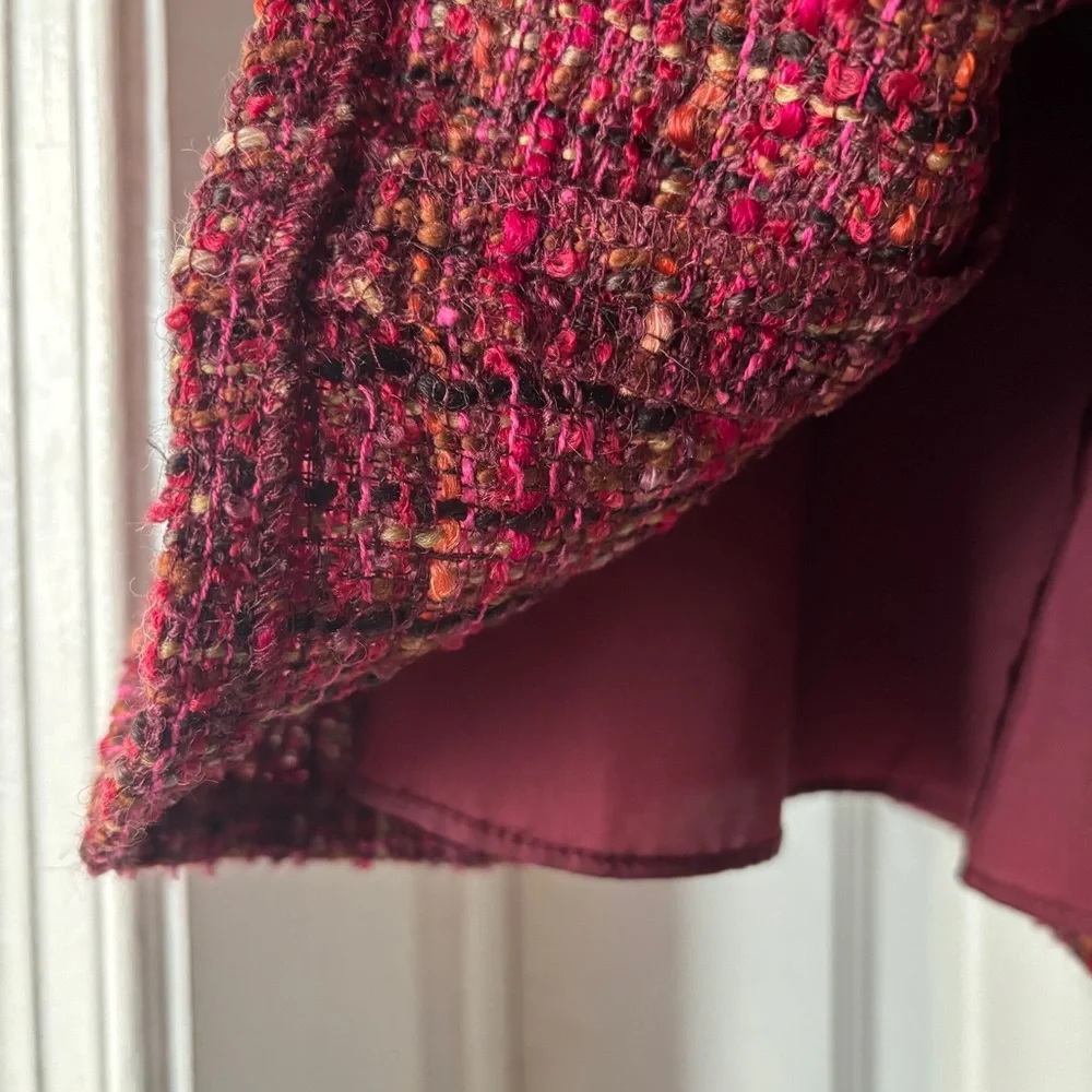 Lafayette 148 New York Tweed Midi Skirt Red Purple Flounce Hem Size 4